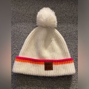 Dunkin Donuts 100% Acrylic White Beanie with Pink and Orange Stripes